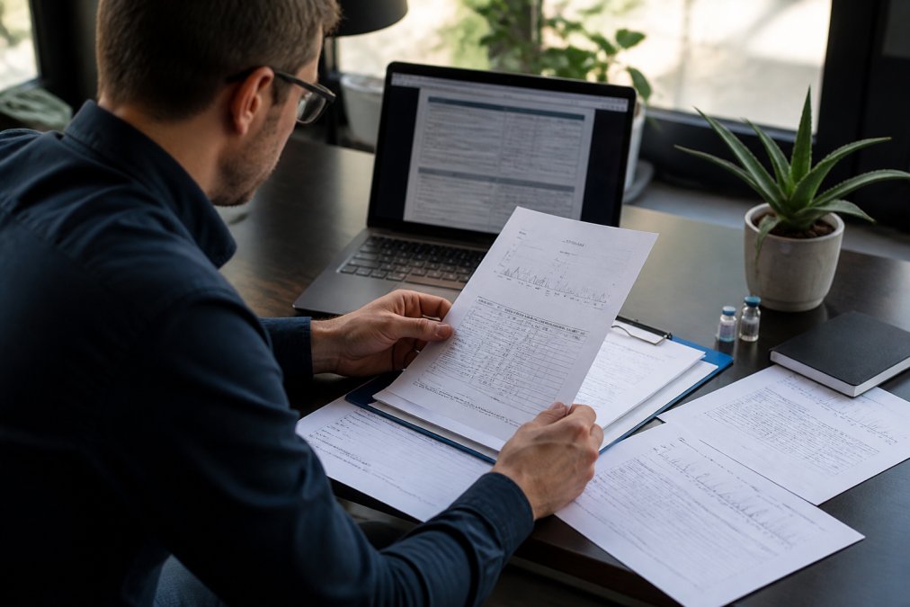 Researcher at a desk reviewing printed laboratory reports and chromatography data sheets alongside a laptop displaying quality assurance documentation and batch testing results