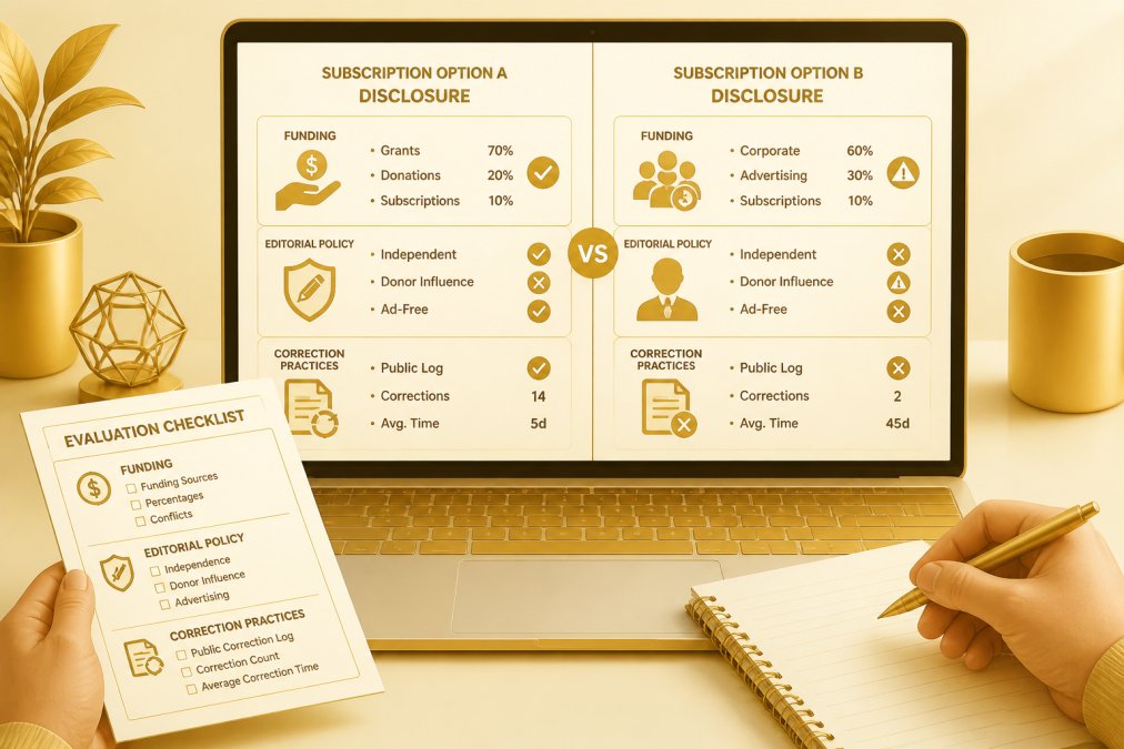 Reader comparing two subscription disclosure pages side by side on a laptop, with a printed checklist of funding, editorial policy, and correction practices