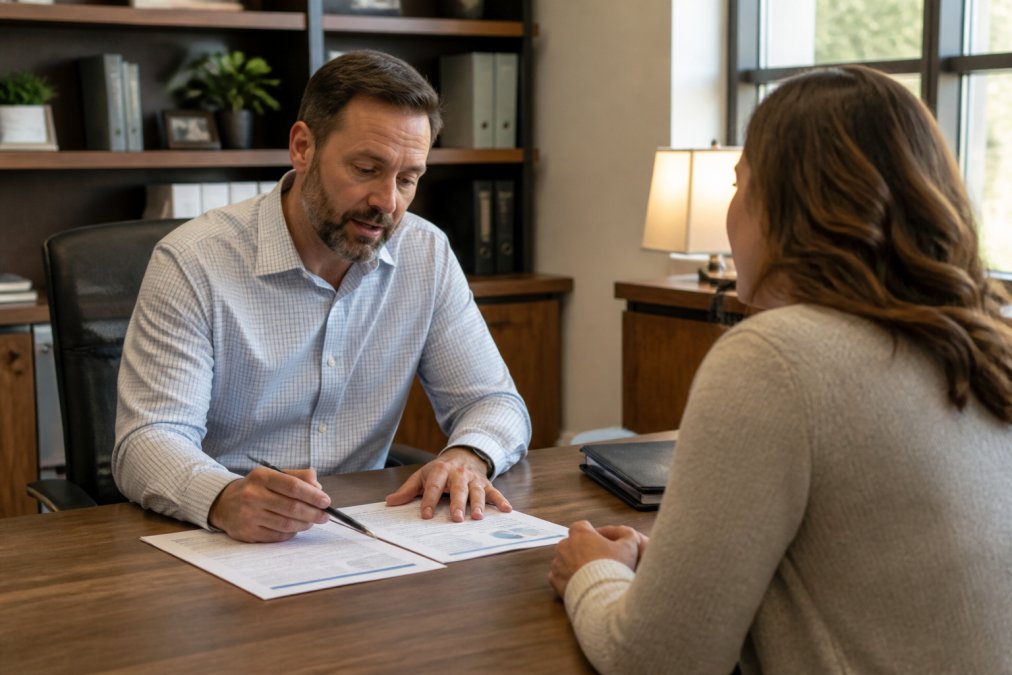 Insurance agent at desk reviewing policy documents and coverage options with a client sitting across from them in a professional office setting, natural lighting from window
