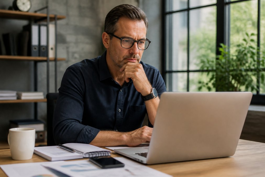 Business owner or individual reviewing insurance agency options and comparing models on laptop, looking confident and informed while sitting at a desk with notes and documents