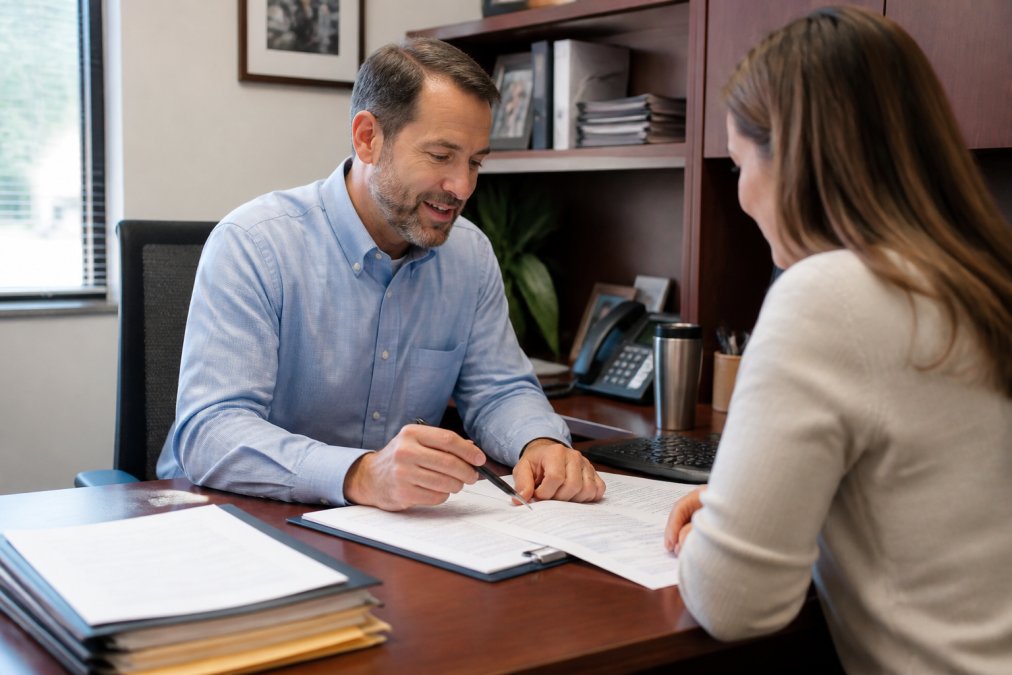 Professional insurance agent sitting at desk with client, reviewing policy documents and discussing coverage options, natural office lighting with computer and files visible