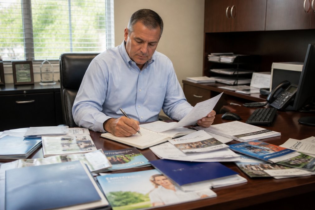 Independent insurance agent in office working at desk surrounded by multiple insurance carrier materials and documents, computer visible, professional setting