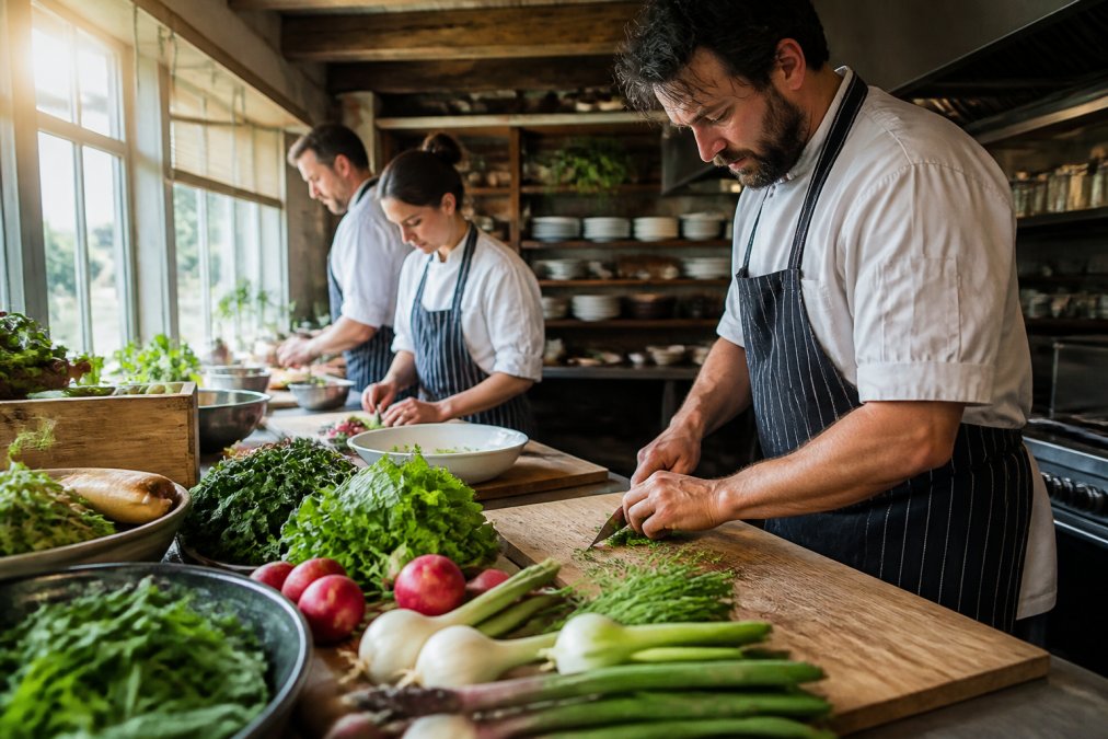 Chef and kitchen staff preparing fresh vegetables and locally sourced produce on a wooden counter, with farm-fresh ingredients visible in the foreground and natural daylight streaming through kitchen windows
