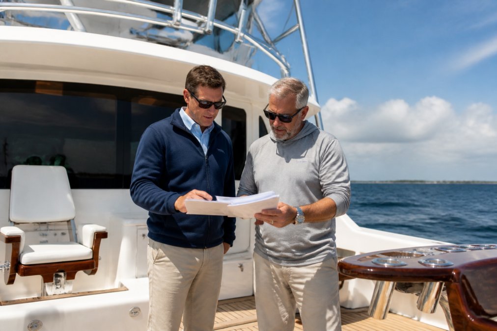 Professional yacht broker and client discussing vessel documentation and survey reports while standing on the deck of a sportfish yacht, reviewing paperwork in bright natural light