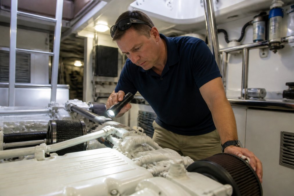 A marine surveyor in a polo shirt inspecting engine components inside a yacht's engine room with a flashlight