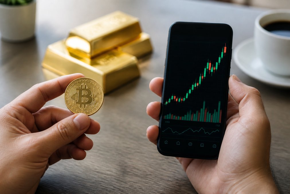 Close-up of a person's hands holding a gold coin in one hand and a smartphone displaying cryptocurrency on the other
