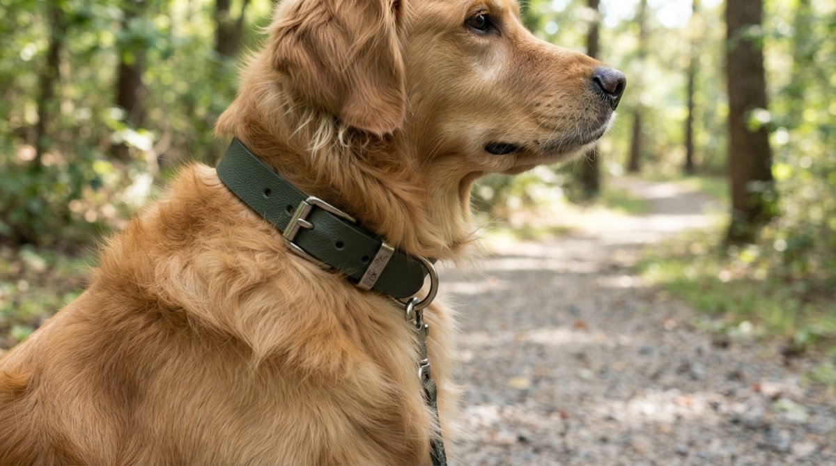 Close-up of a dog wearing a durable biothane collar outdoors, showing the collar's texture and hardware in natural daylight with the dog's neck and shoulder visible