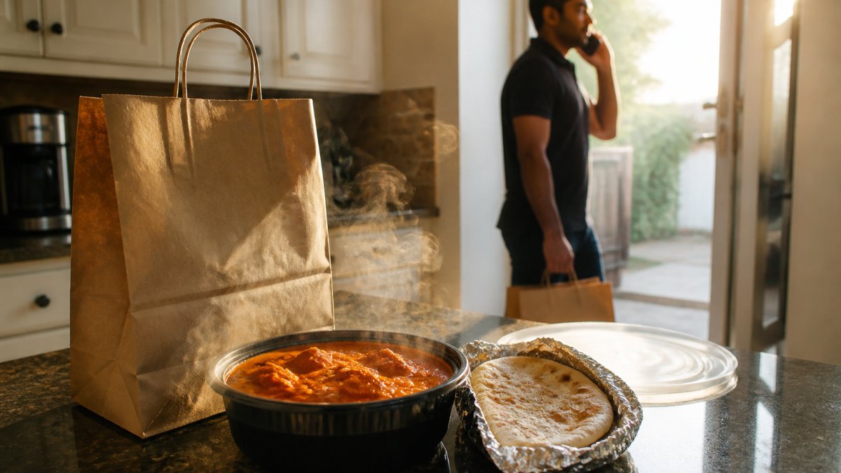 A close-up of a takeout bag on a kitchen counter with steam rising from an open container of butter chicken curry, naan wrapped in foil beside it