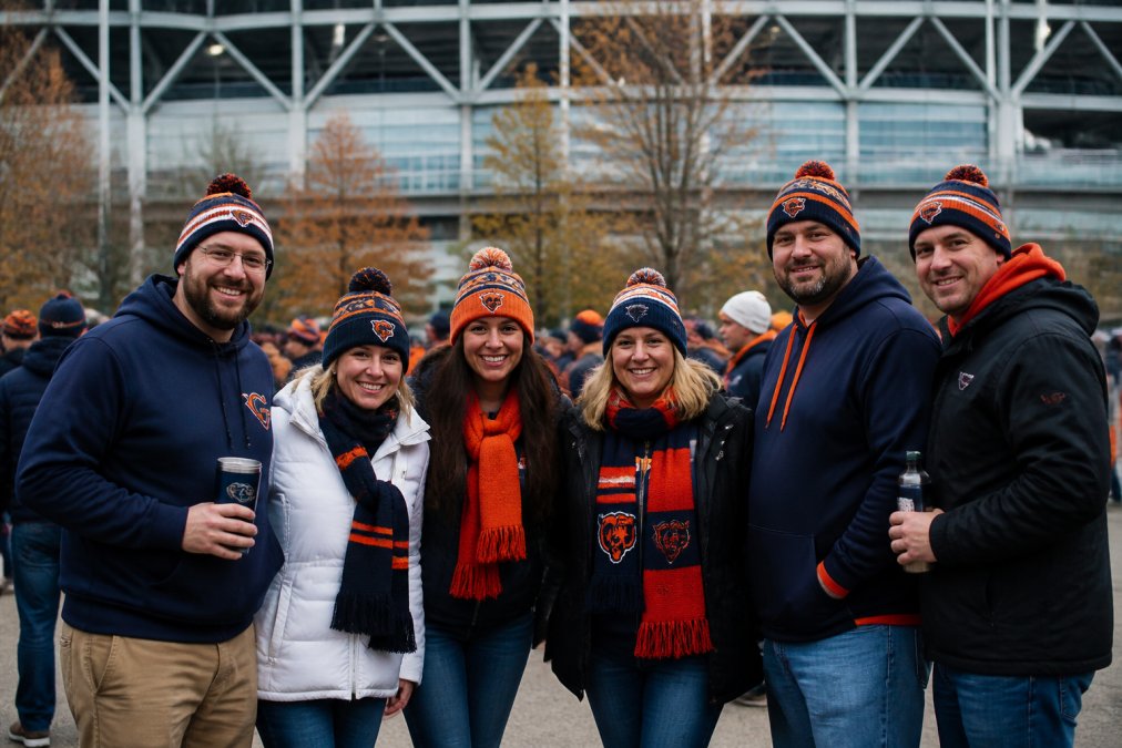 Group of fans wearing layered game day outfits with hoodies, hats, and accessories standing outside a stadium on a cool autumn day