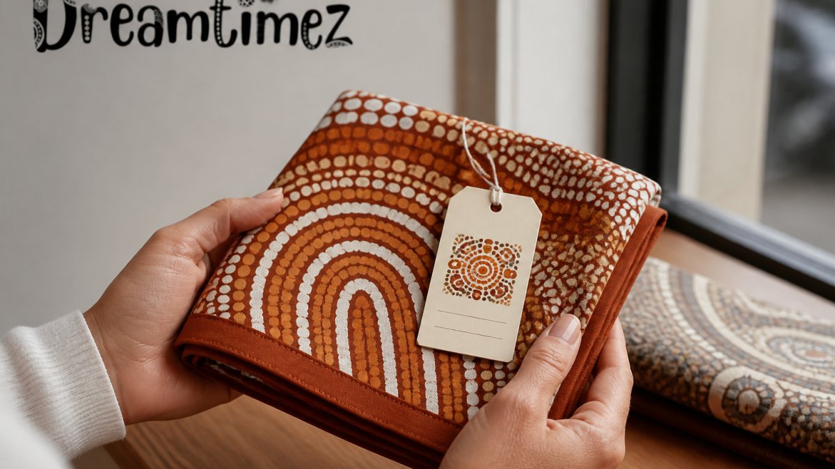 Close-up of hands holding a folded cotton scarf printed with fine dot art in ochre and white, a small swing tag showing the artist's name and community resting on top, soft daylight from a window