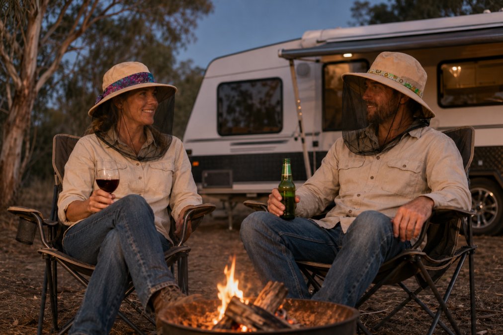 Illustration of Indigenous art fly net hats featuring licensed Aboriginal artwork