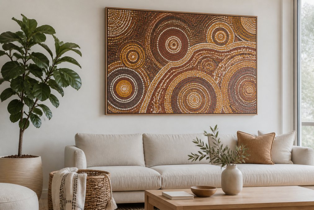 A bright modern living room with a large Indigenous dot painting above a neutral linen sofa, styled with a woven basket and indoor plant, showing how a statement piece anchors a minimalist space