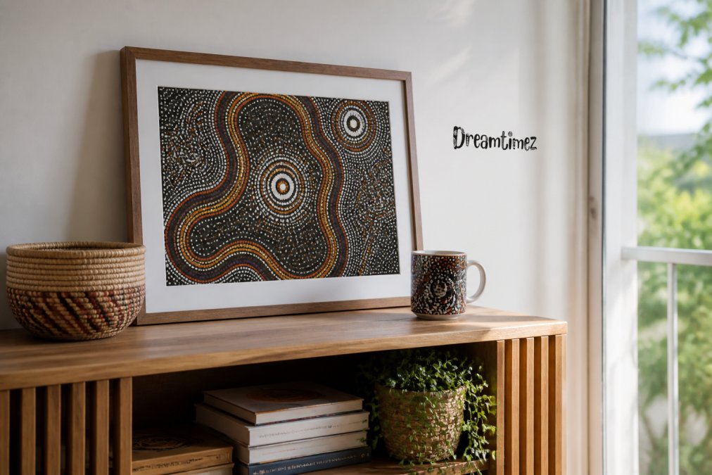 A styled living room shelf in a bright home with a framed Aboriginal art print, a woven basket and a ceramic mug featuring Indigenous design, natural light from a window