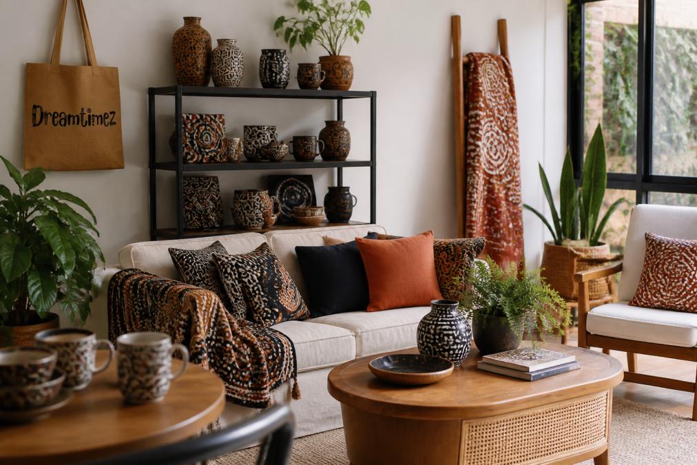 Contemporary home interior featuring Indigenous-designed textiles, ceramics, and homewares displayed on shelves and walls, blending traditional Aboriginal art with modern furnishings in natural daylight