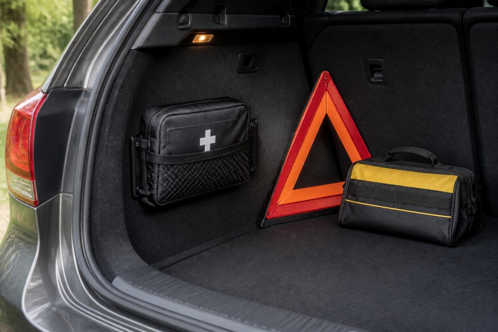 An open car trunk showing a compact, organized first aid kit secured next to a reflective triangle and a small tool bag in natural daylight