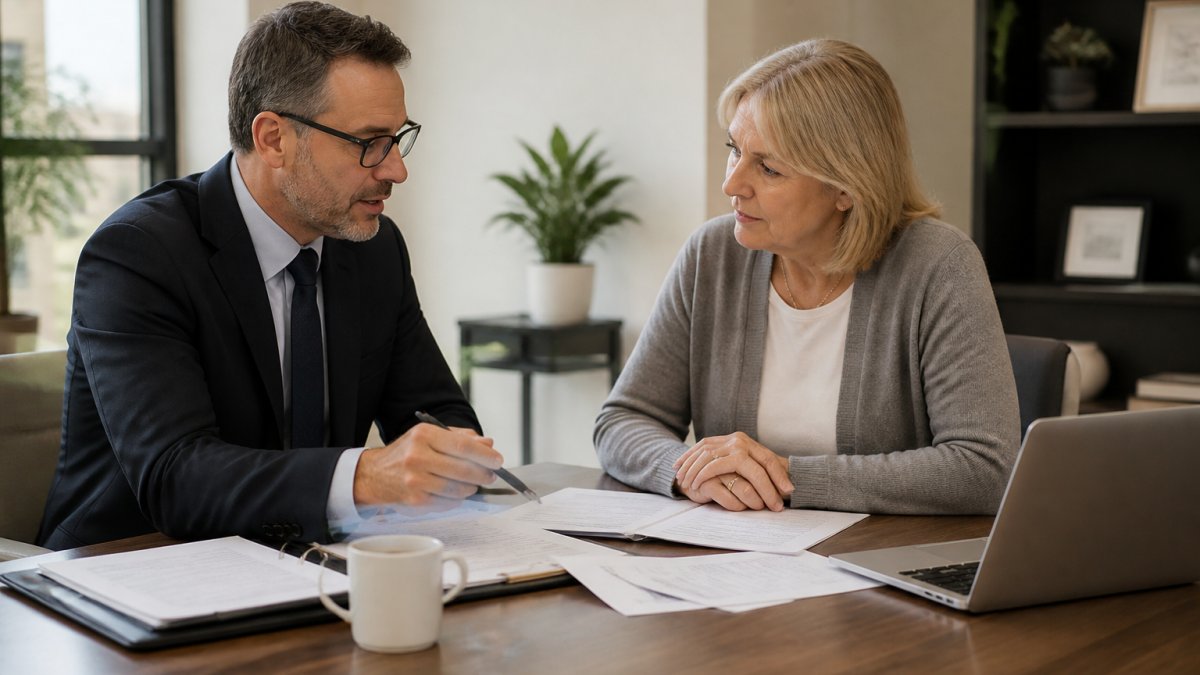 Financial advisor and client reviewing documents during a retirement planning consultation in a bright office.