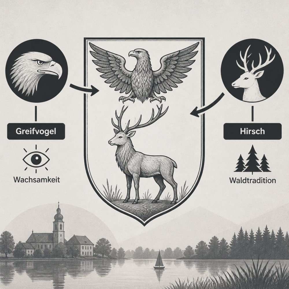 Pencil sketch of the Müllrose coat of arms with a raptor and a stag, flanked by two arrows pointing to "Greifvogel = Wachsamkeit" and "Hirsch = Waldtradition"
