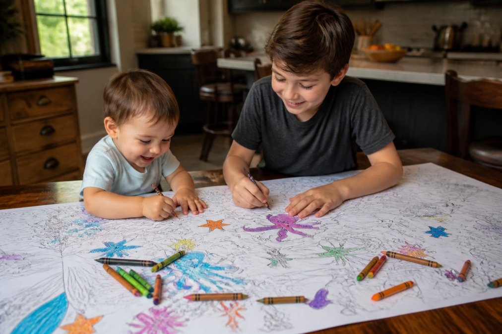 A toddler and an older child sitting at a kitchen table working together on a giant coloring sheet spread across the tabletop, crayons scattered around, both smiling and focused
