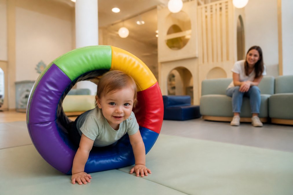 A toddler crawling through a colorful soft play tunnel in a bright, clean indoor playground, with a parent watching from a cushioned seating area nearby, warm overhead lighting