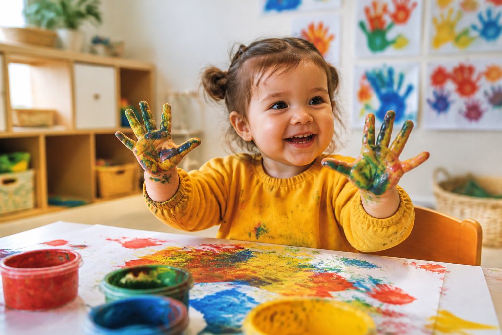 A young child around age two sitting at a low table engaged in a tactile painting activity, hands covered in bright paint, smiling in a well-lit indoor activity room with colorful artwork on the walls