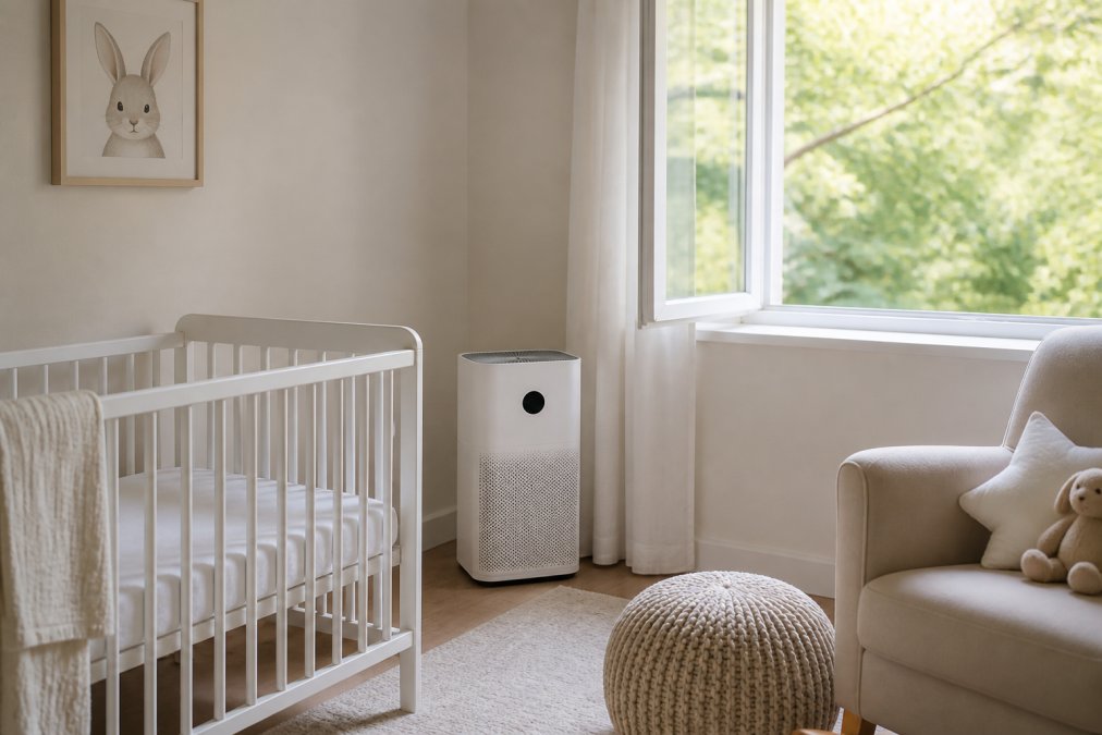 Infographic showing steps to improve indoor air quality newborns in a nursery with an air purifier and fresh airflow.