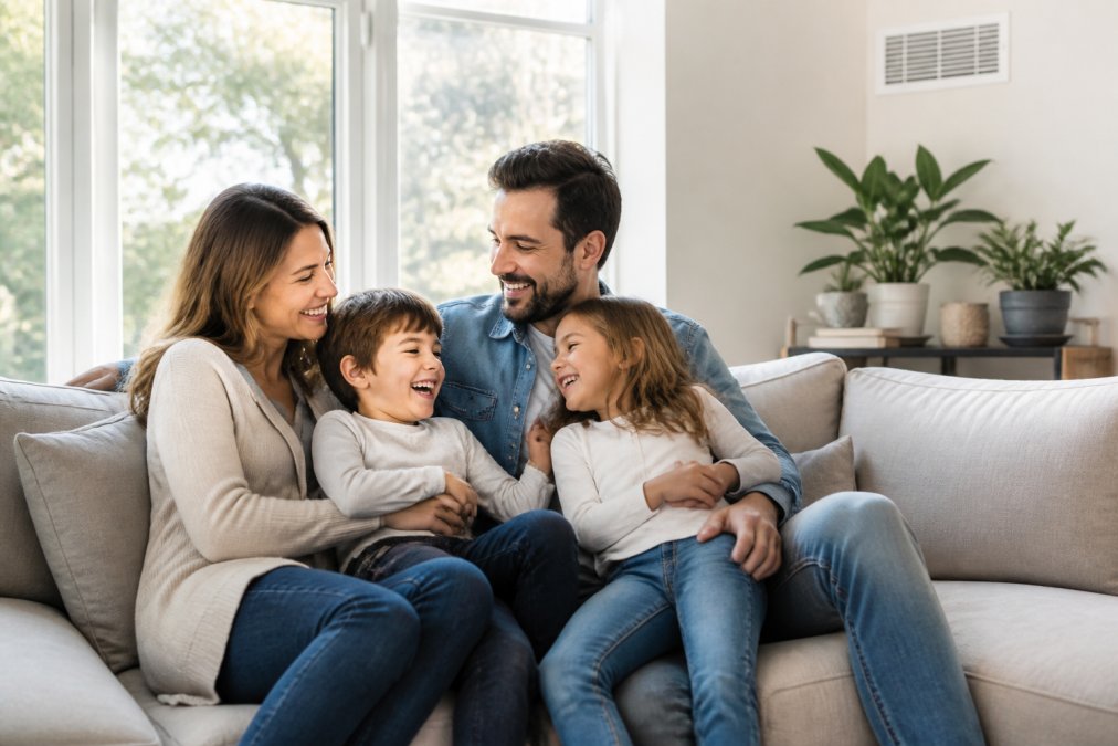 A family relaxing in a bright, sunlit living room with large windows, parents and children laughing together on a comfortable sofa, houseplants on shelves, and a visible air vent on the wall