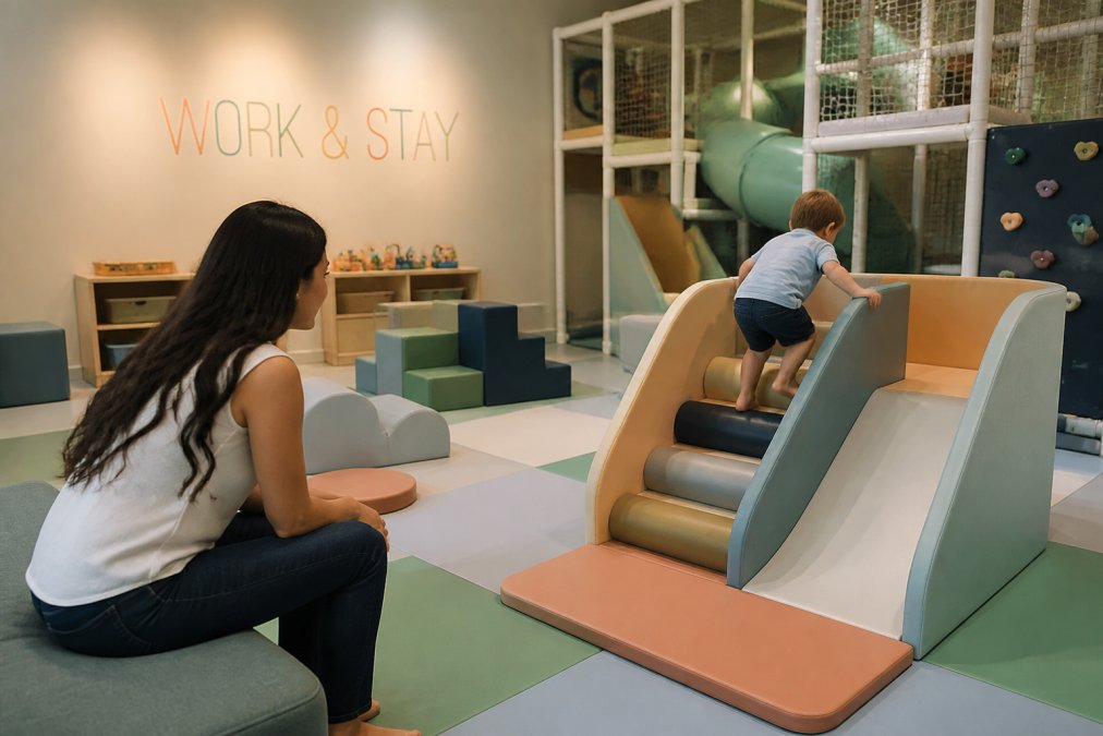 A bright indoor playground with soft play structures, a toddler area with padded mats, and a parent watching from a nearby bench while a child climbs a small slide