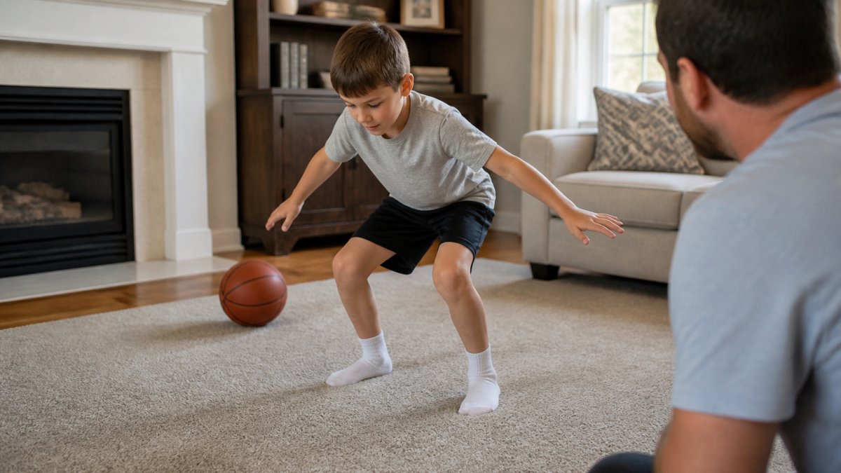 A child around eight years old landing softly from a small jump in a carpeted living room, knees bent, arms out for balance, a basketball resting nearby and a parent watching from the edge of the frame