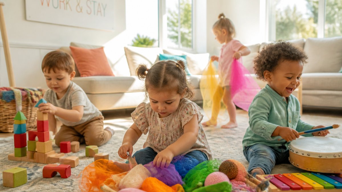 Toddlers engaged in a colorful sensory play station with safe wooden blocks, soft fabric toys, and a music activity area in a bright, clean living room with natural sunlight streaming through windows