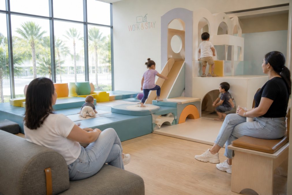 A bright indoor play area with toddlers climbing on soft padded play structures while parents watch from benches nearby, colorful equipment and natural light from large windows
