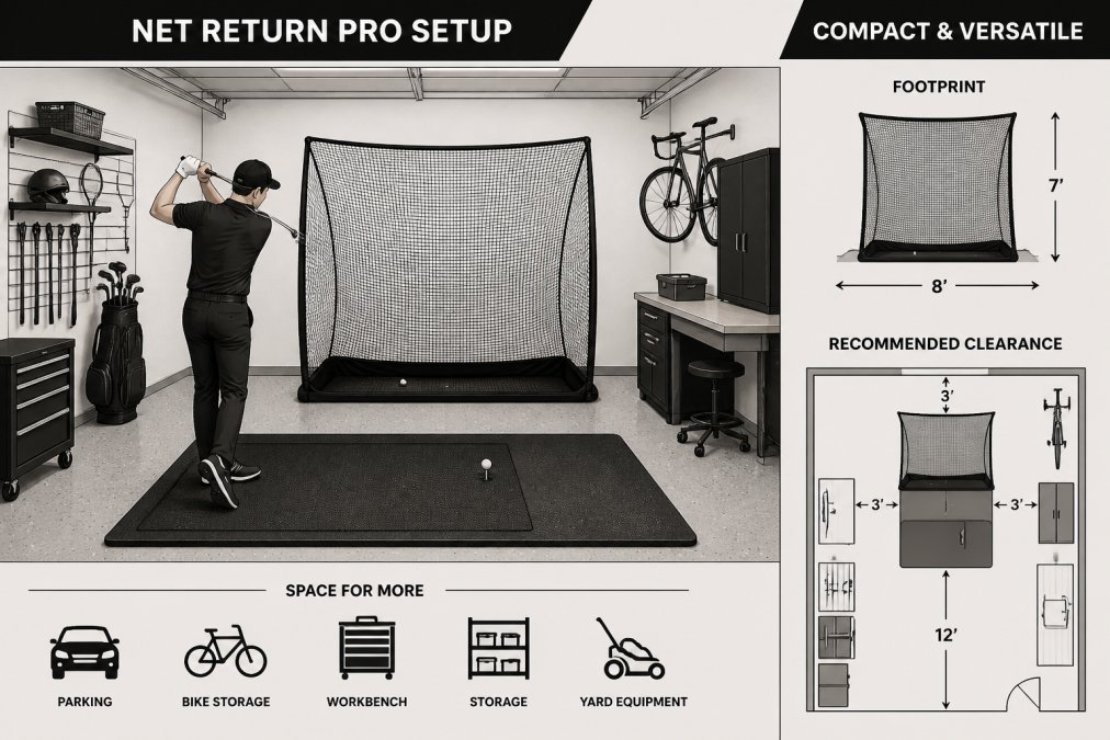 Golfer in home garage taking a swing at a Net Return Pro system, demonstrating the compact ball-return net alternative without full enclosure, showing how the space accommodates both golf practice and other garage activities