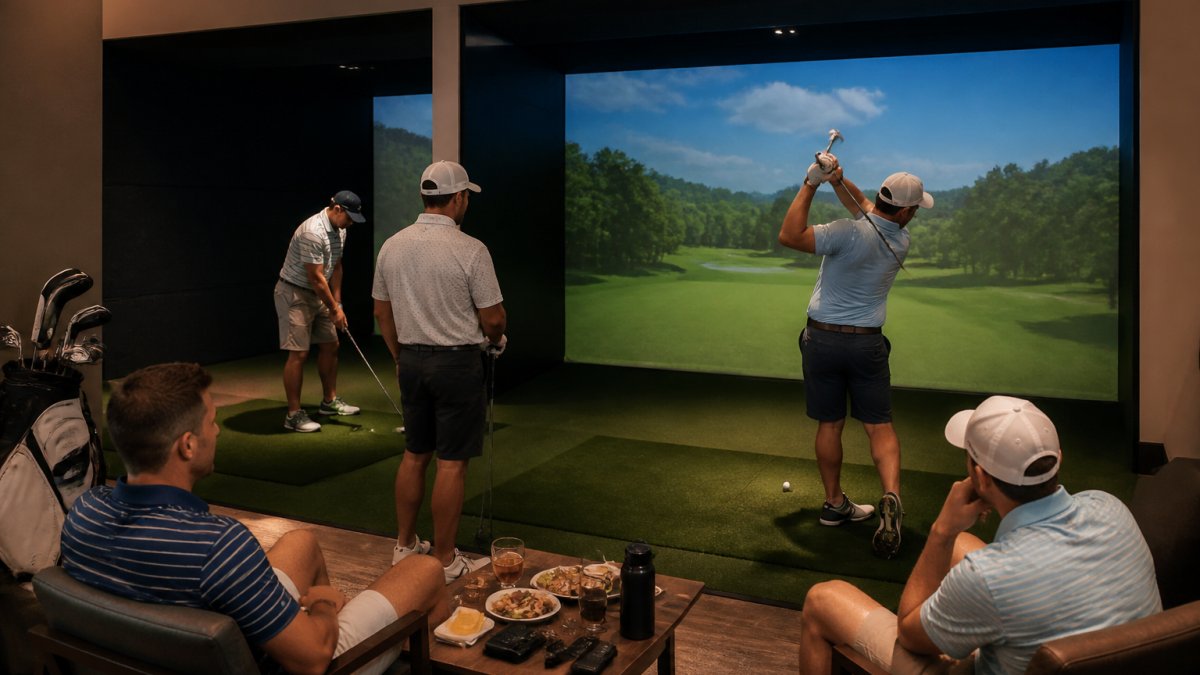 A group of adult golfers mid-swing inside a bright, modern indoor simulator bay, screen showing a golf course, one player watching a teammate's shot from a lounge chair