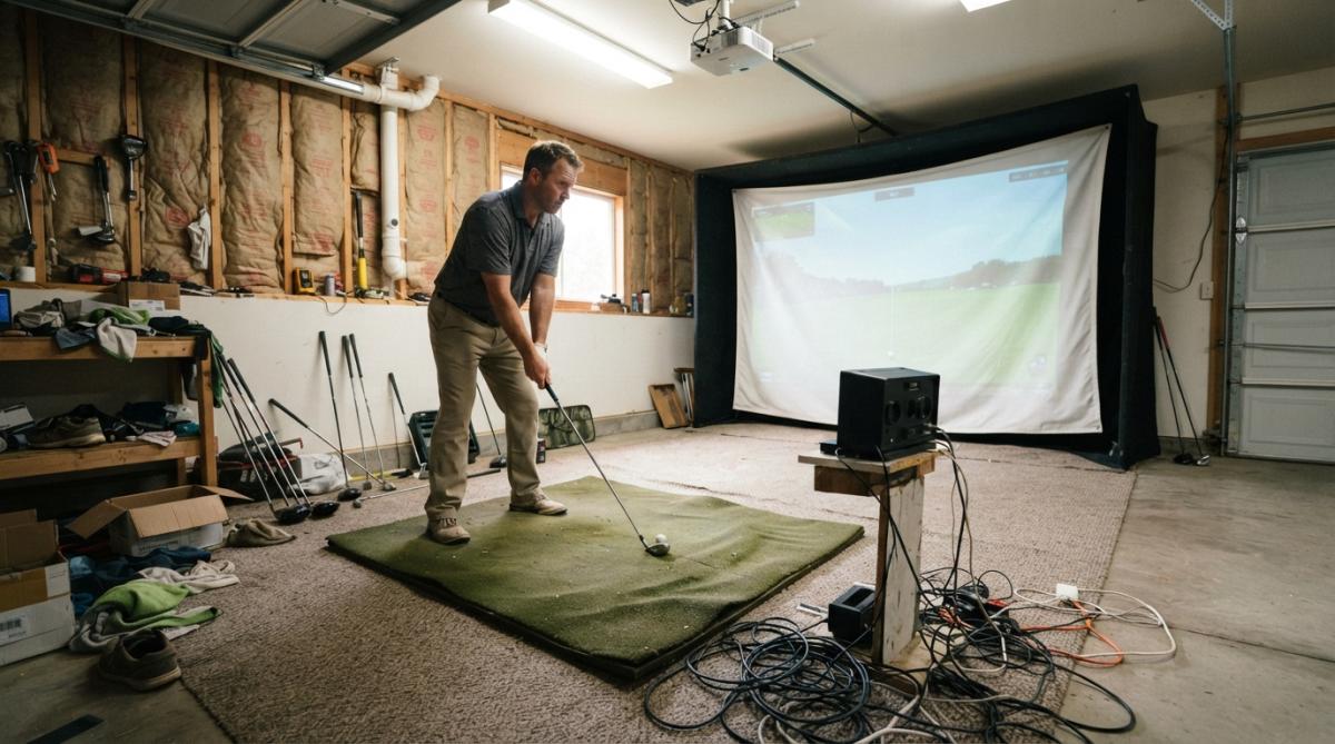 A golfer addressing a ball on a hitting mat inside a home simulator bay, with a photometric launch monitor positioned to the side and a white impact screen glowing in the background
