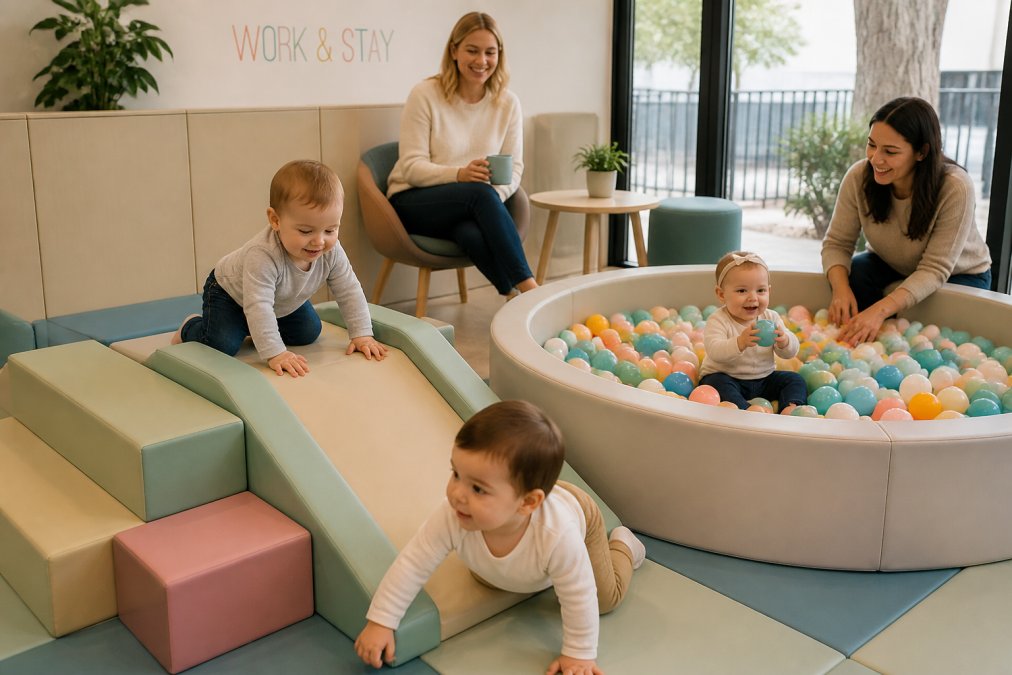 Toddlers and infants playing on soft foam climbing structures and in a colorful ball pit, with parents supervising nearby in a bright, clean indoor play space