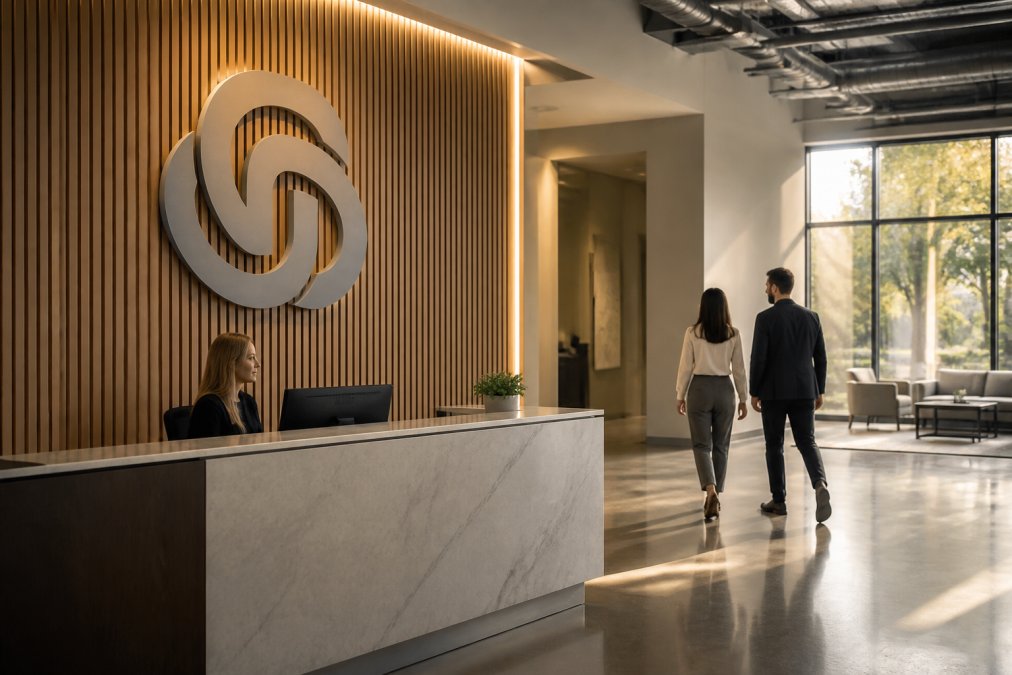 A modern office lobby with a large dimensional logo sign mounted on a wood-paneled wall, receptionist desk in the foreground, two employees walking past in soft afternoon light