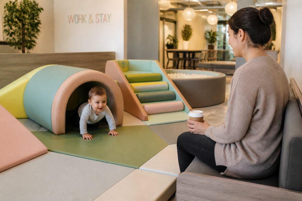A bright indoor play space with soft climbing structures, a toddler crawling through a padded tunnel, and a parent watching from a nearby bench with a coffee cup
