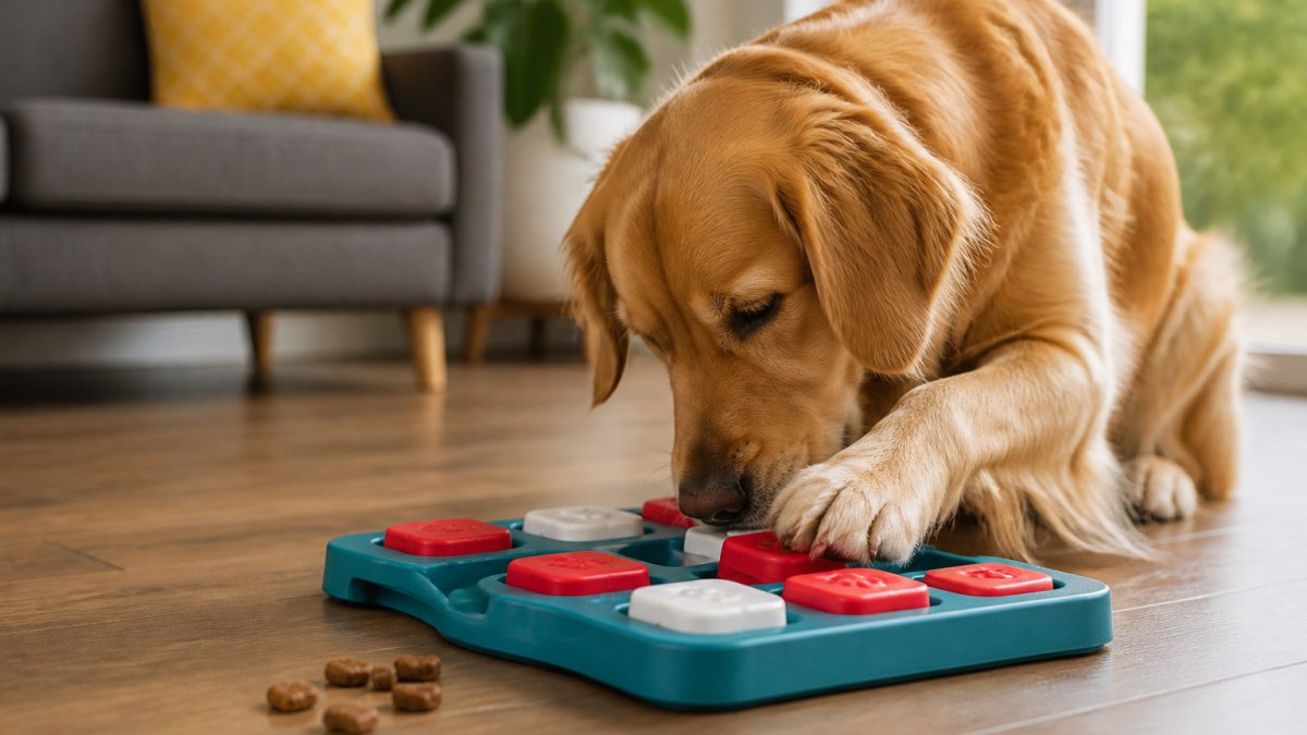 Dog actively engaged with a puzzle toy on a living room floor, showing focused problem-solving behaviour with treats visible nearby, natural indoor lighting