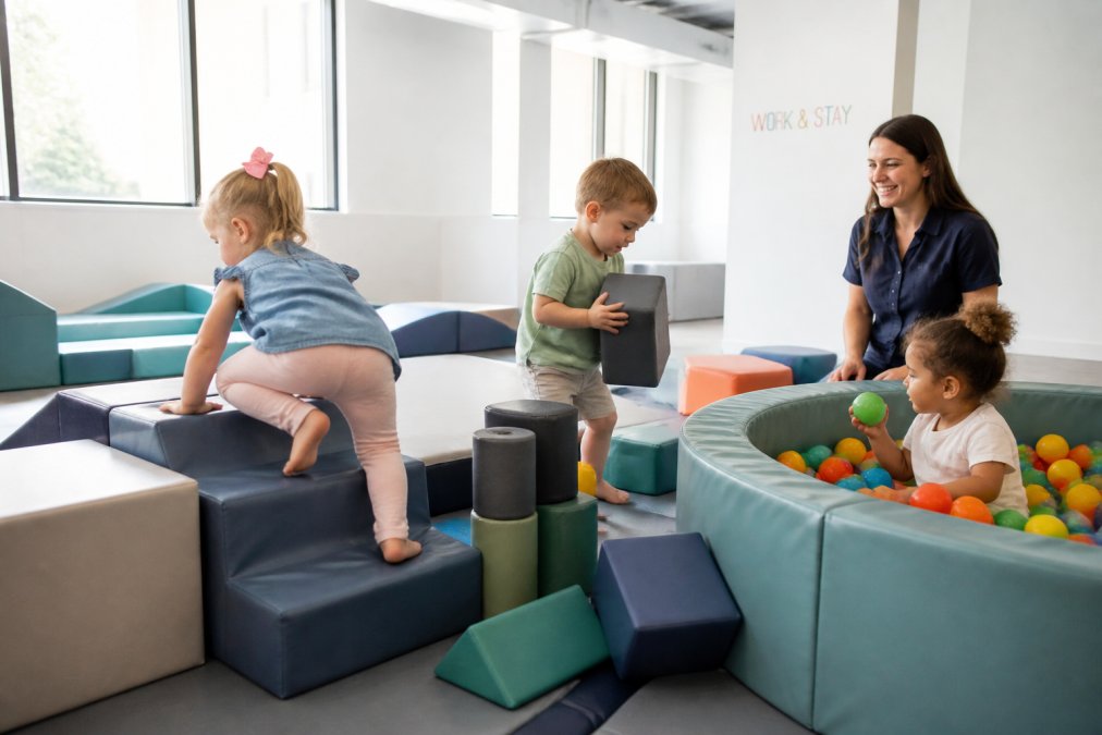 Young children playing on soft climbing structures, foam blocks, and in a colorful ball pit while a caregiver in professional attire supervises nearby, smiling and attentive, in a bright indoor facility with natural light