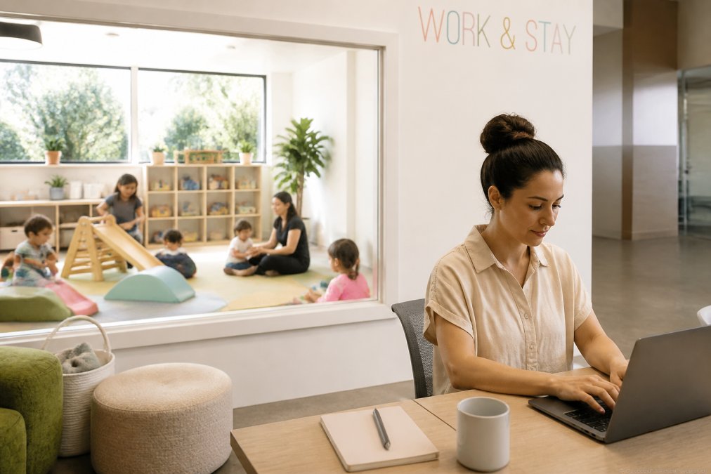 Parent working focused at a laptop in a bright, quiet coworking lounge with soft natural light and professional furnishings, with a clear window view into an adjacent colorful play area where children are engaged in supervised activities with caregivers