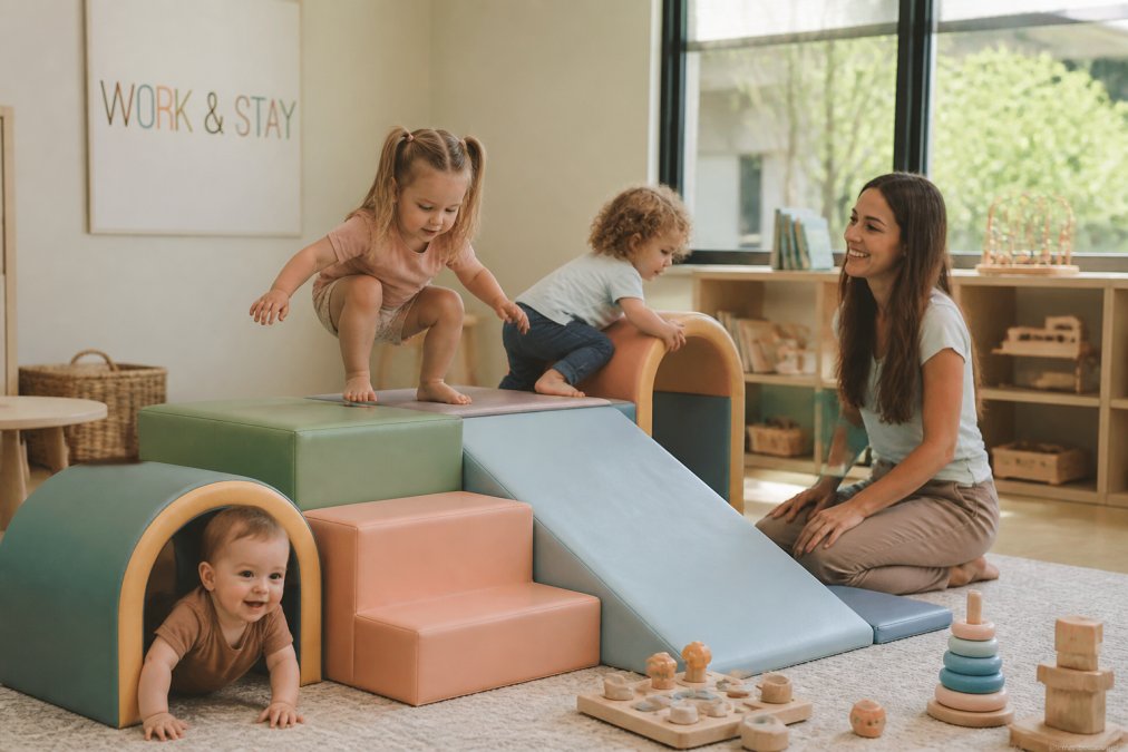 Toddlers playing on colorful soft play structures with a teacher supervising nearby, bright natural lighting, age-appropriate toys scattered throughout a clean indoor space