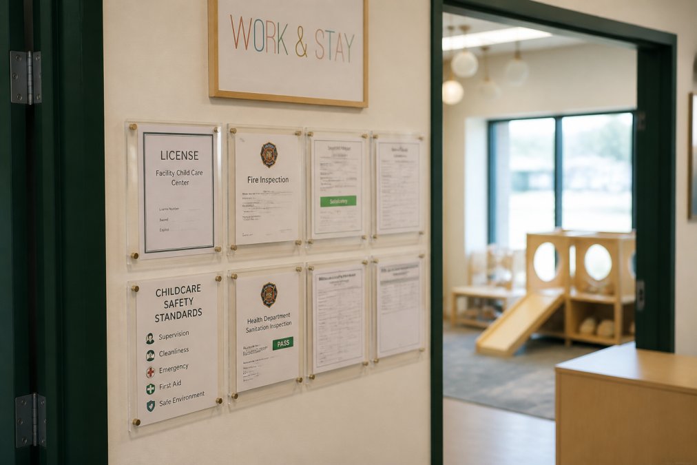 Close-up of safety certifications, licenses, and inspection documents posted on a facility wall, showing compliance documentation and safety signage in an indoor play environment