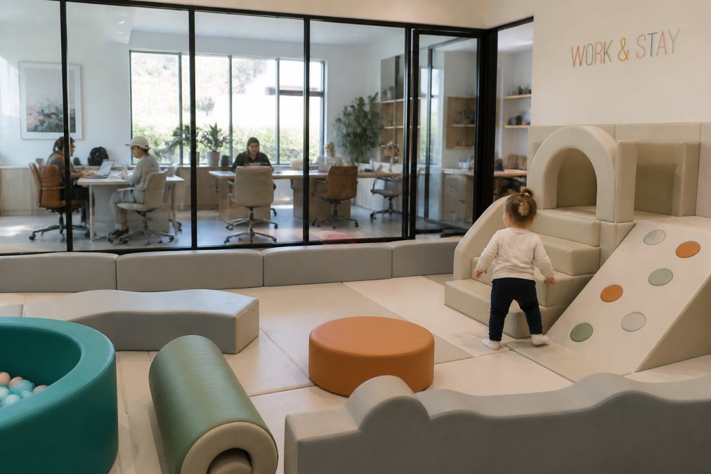 Bright, modern indoor play facility with soft play structures, padded climbing areas, and colorful equipment designed for toddlers and preschoolers, showing both the play zone and a separate coworking area visible through glass partition in the background