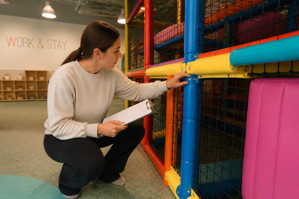 A staff member in a bright indoor play center inspecting a soft play structure with a clipboard, checking padded corners and bolts under overhead lighting
