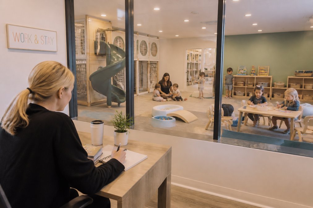 Professional parent working at desk in bright, modern coworking space with glass partition view into supervised children's play area where kids engage in guided activities