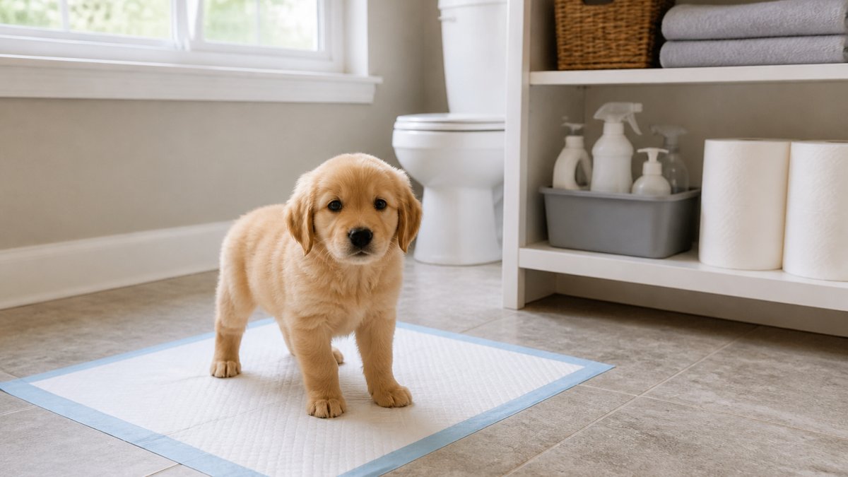 Young puppy standing on a potty pad in a designated bathroom area, with cleaning supplies and paper towels visible on a nearby shelf, natural light from a window illuminating the scene