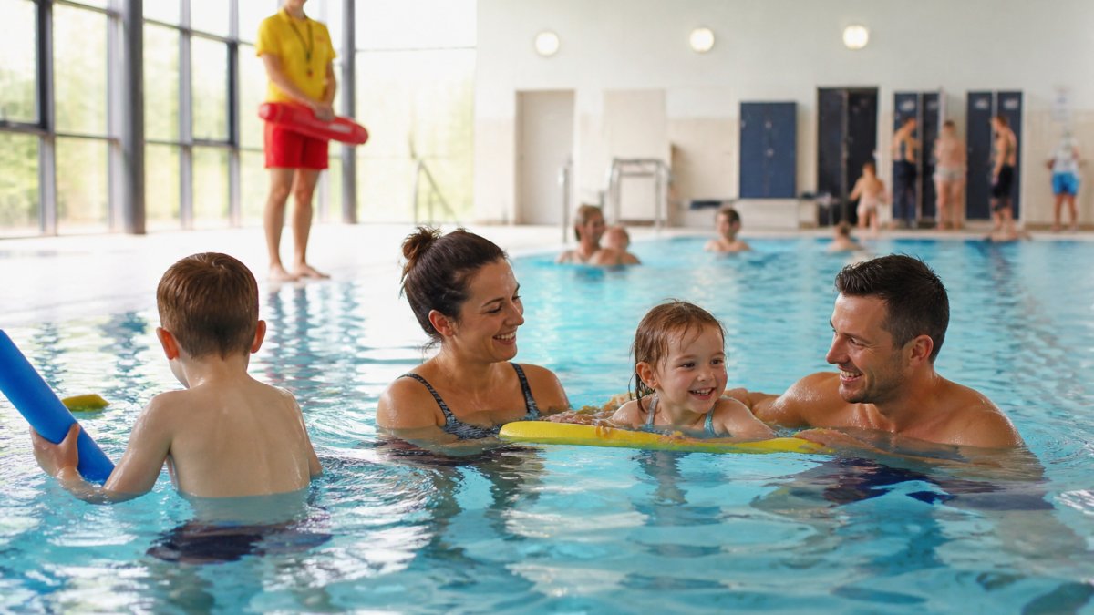 Children and parents enjoying a family swimming session in a leisure centre pool, with lifeguard supervision visible, changing facilities in background, natural lighting from pool windows