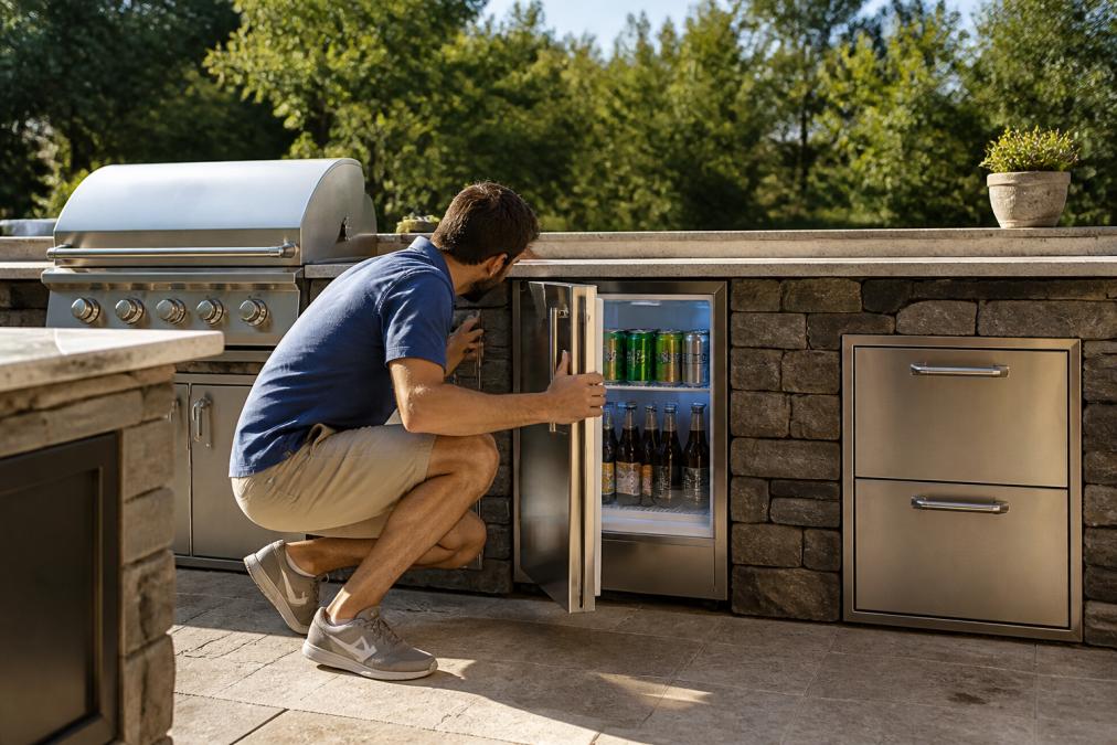 A stainless steel built-in outdoor refrigerator set into a stone outdoor kitchen counter, flanked by a grill and prep space on a sunny patio, with a homeowner opening the door to grab a drink