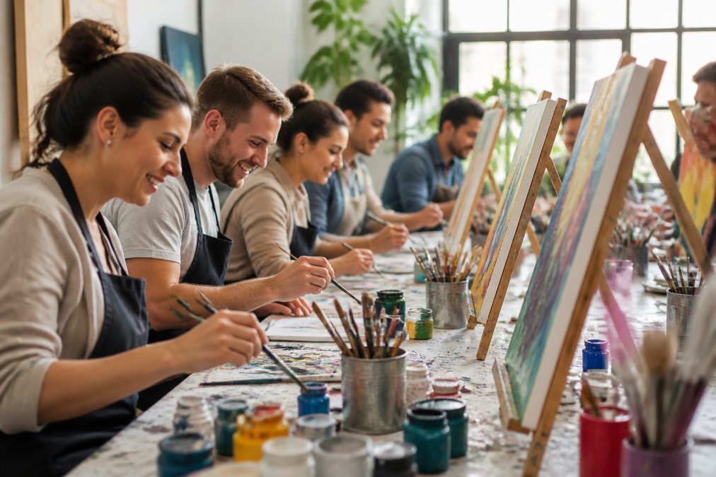 Gruppe von Mitarbeitern beim gemeinsamen Malen oder kreativen Workshop in hellem Raum, konzentriert und engagiert bei künstlerischer Aktivität, mit bunten Farben und Pinseln auf Leinwänden