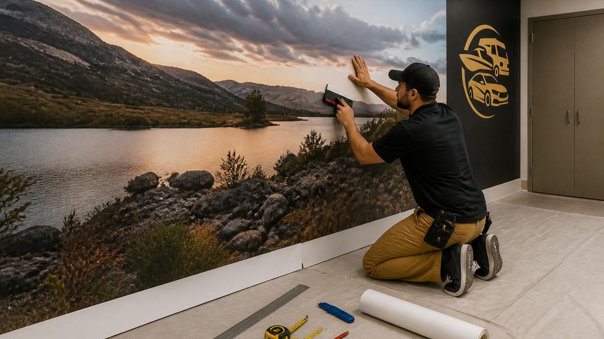 Professional technician applying vinyl wall mural to interior commercial wall using precision squeegee technique, with measuring tools and installation materials visible on drop cloth