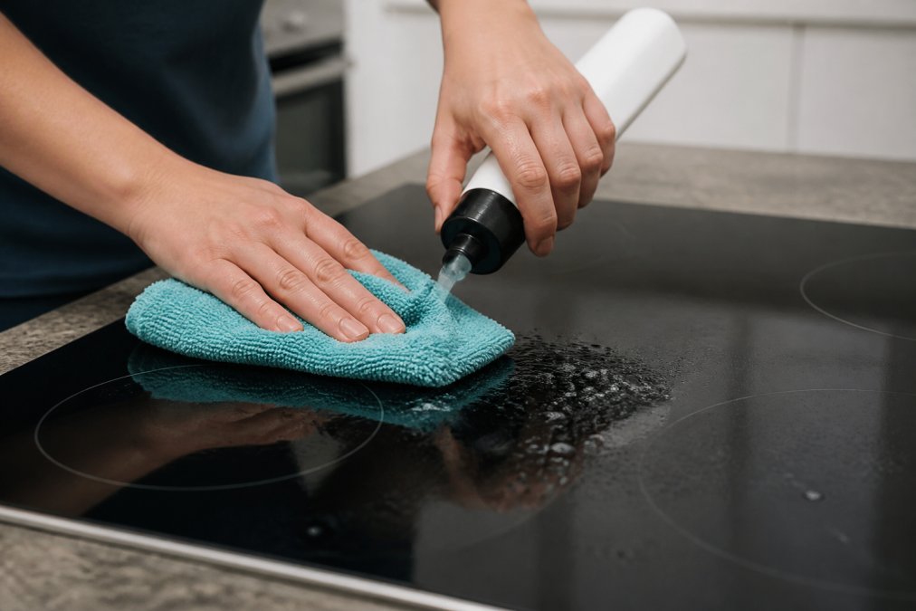 Close-up of hands using a soft microfiber cloth and specialized cleaner on a smooth induction cooktop surface, showing the ease of wiping away residue